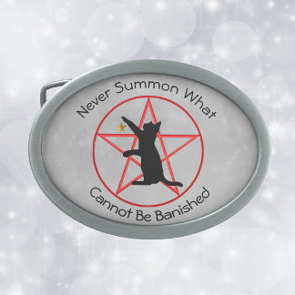 Red Witch Pentagram Black Cat Star on Grey Belt Buckle