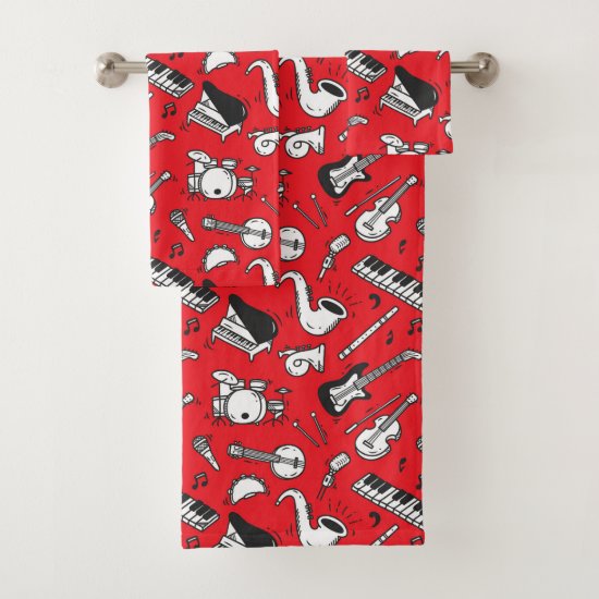 Red with Black and White Instruments Bath Towel Set