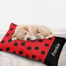 Red with Black Paw Prints Personalized Dog Bed