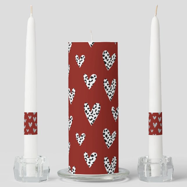 RED WITH BLACK & WHITE LEOPARD HEARTS UNITY CANDLE SET (Front)