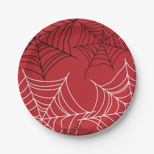 Red with Black  White Spiderwebs Halloween Paper Plates