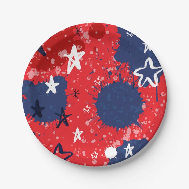Red with Blue Splatters and Black and White Stars Paper Plates (Front)