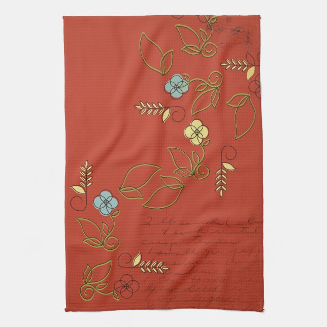 Red with Flowers Tea Kitchen Towel (Vertical)