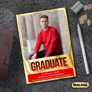 Red with Foil Block Lettering Photo Graduation Invitation