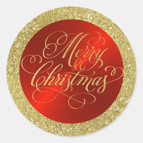Red with Gold Border and Merry Christmas Classic Round Sticker