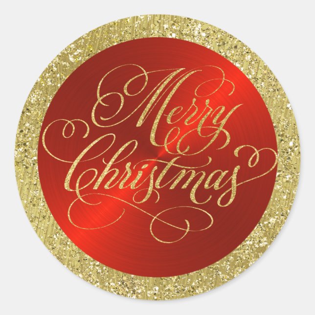 Red with Gold Border and Merry Christmas Classic Round Sticker (Front)