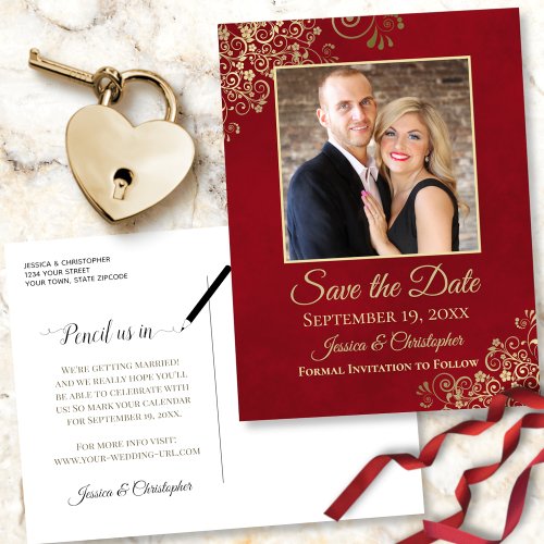 Red with Gold Frills Photo Save the Date Wedding Announcement Postcard