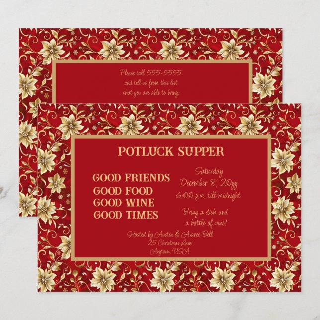 Red with Gold Poinsettia Christmas POT LUCK Supper Invitation (Front/Back)