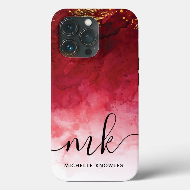 Red with Gold Splash Personalized Monogram Case-Mate iPhone Case (Back)