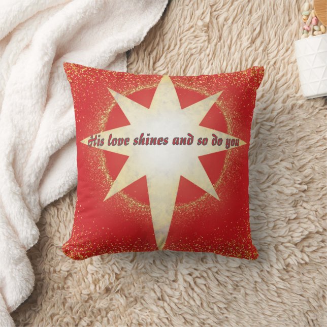 Red with Gold Star of Bethlehem Christmas Throw Pillow (Blanket)