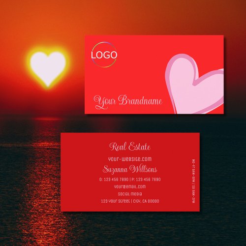 Red with Gorgeous Pink Heart and Logo Modern Cute Business Card