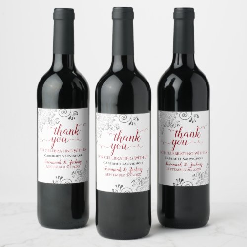 Red with Gray Frills on White Wedding Thank You Wine Label