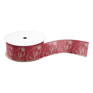 Red with Ivory Floral Scrolls Print Ribbon