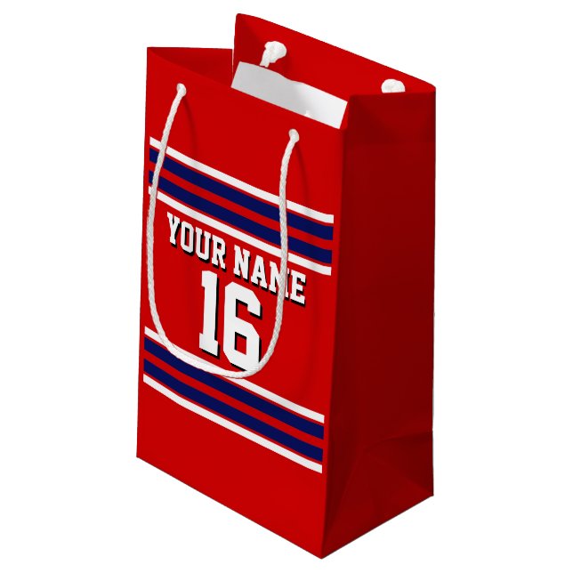 Red with Navy White Stripes Team Jersey Small Gift Bag (Back Angled)
