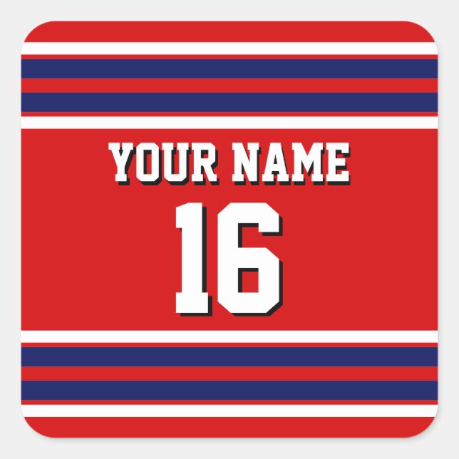 Red with Navy White Stripes Team Jersey Square Sticker (Front)
