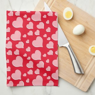 Red with Pink Hearts Pattern Kitchen Towels