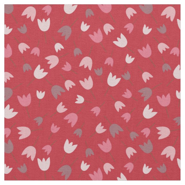 Red with pink tulip pattern collection fabric (Close Up)