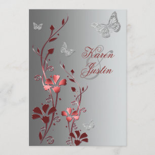 Red with Silver Butterflies Wedding Invitation