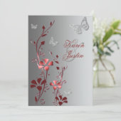 Red with Silver Butterflies Wedding Invitation (Standing Front)