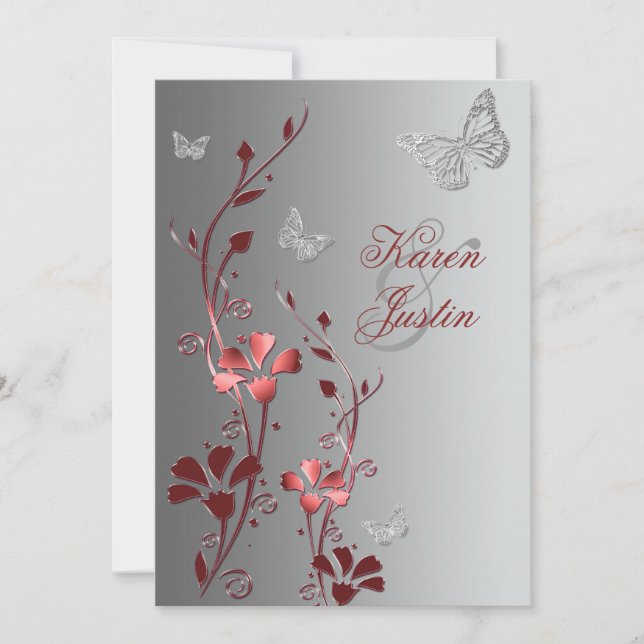Red with Silver Butterflies Wedding Invitation (Front)