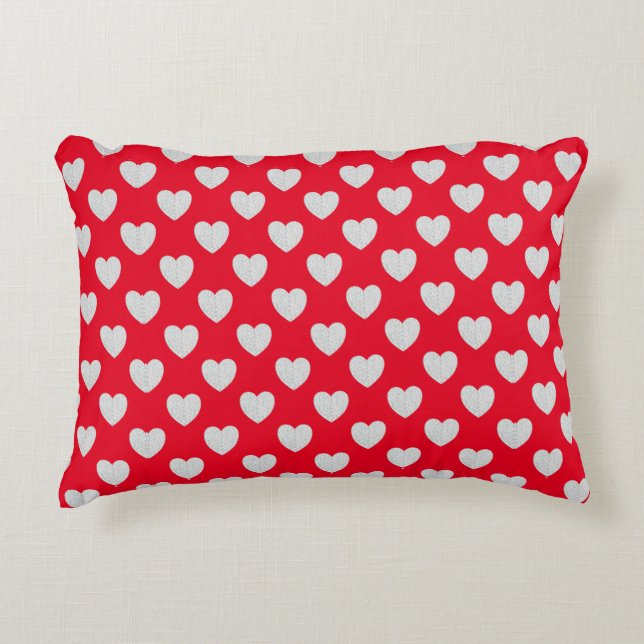 Red With Silver Glittery Hearts Accent Pillow (Front)