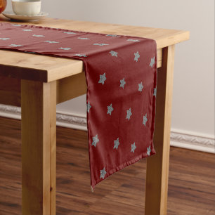 Red with Silver Gray Stars Pattern Festive Elegant Short Table Runner