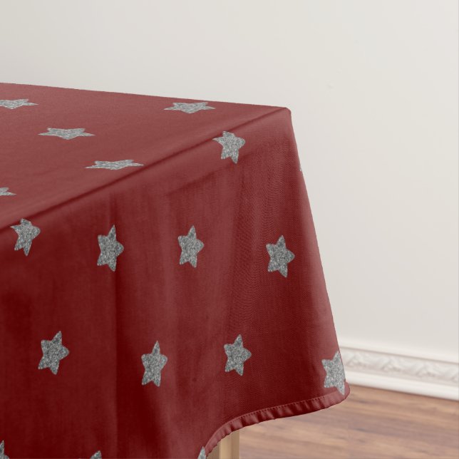 Red with Silver Gray Stars Pattern Festive Elegant Tablecloth (In Situ)