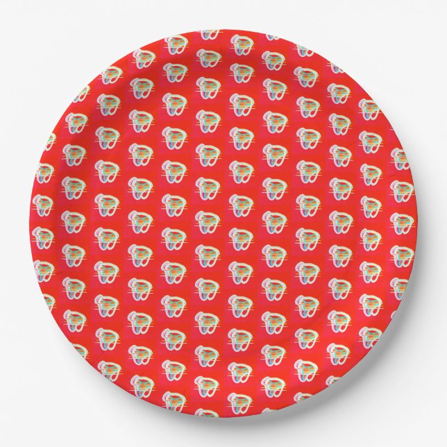 Red with small art designs on it      paper plates (Front)