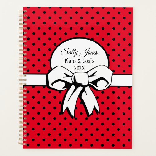 Red with White Bow  Black Polka Dots Personalized Planner