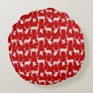 Red With White Deer Round Pillow