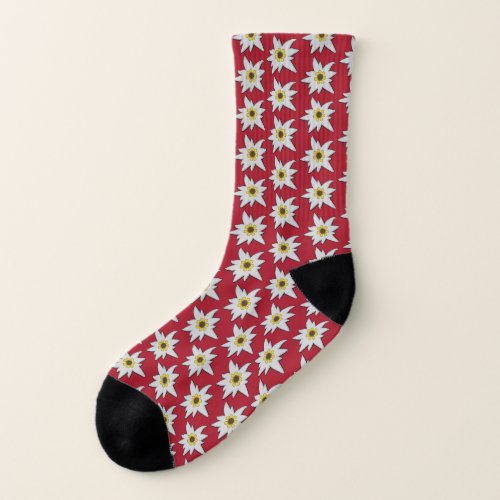 Red with White Edelweiss Flowers Socks