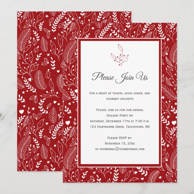 Red with White Holly Berries Floral Swirls Patter Invitation (Front/Back)
