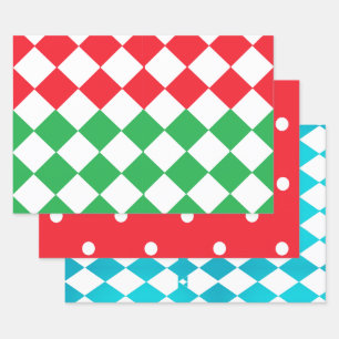 Red with White Polka Dots, Aqua Checkerboard Wrapping Paper Sheets