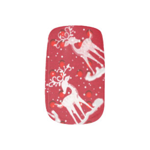 Red with White Reindeer Christmas Nail Art