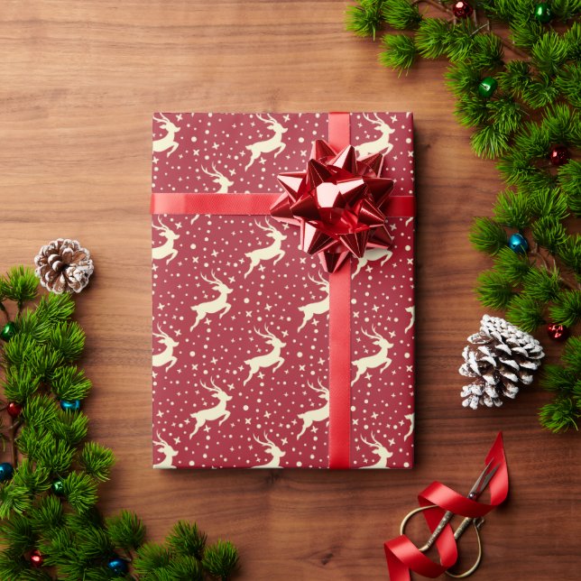 Red with White Reindeer & Stars Christmas  Wrapping Paper (Holiday Gift)