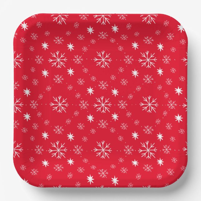 Red With White Snowflakes Paper Plate (Front)