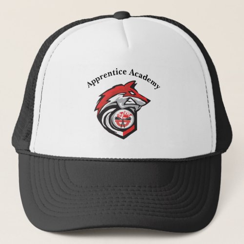 Red Wolf and Apprentice Academy black lettering Trucker Hat