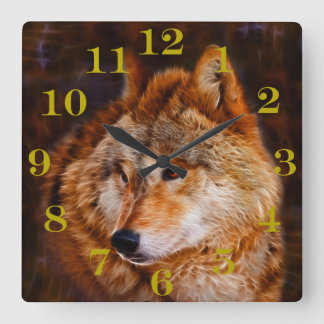 Red wolf fractal square wall clock