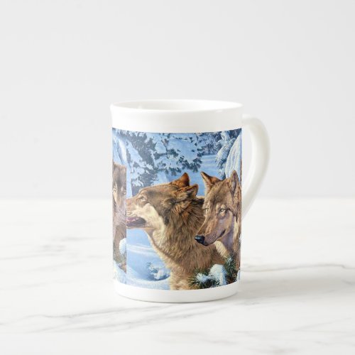 Red wolves painting bone china mug