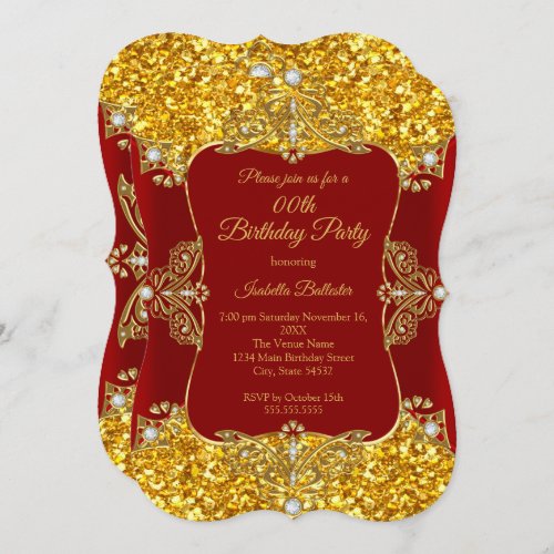 Red Women Birthday Party Gold Glitter Diamond Invitation