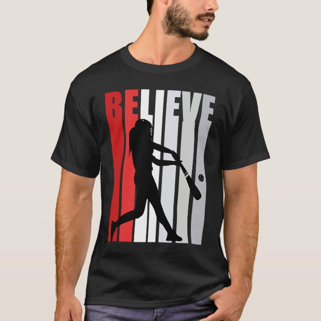 Red Womens Believe Baseball Motivational Softball  T-Shirt (Front)