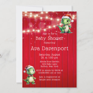 Red Wood Christmas Dinosaur Lights Baby Shower Invitation