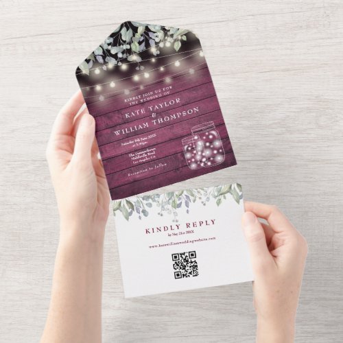 Red Wood Floral Mason Jars Lights QR Code Wedding All In One Invitation