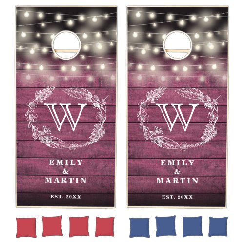 Red Wood Foliage String Lights Monogram Wedding Cornhole Set