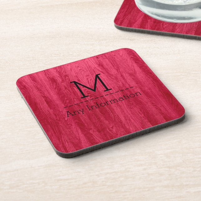 Red Wood Grain Texture Monogram Drink Coaster (Left Side)