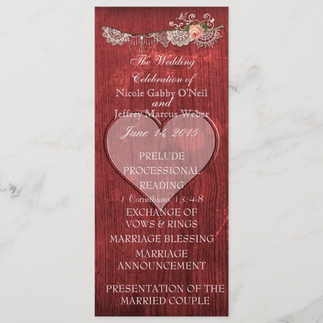 Red Wood Heart Rustic Wedding Program (Front)