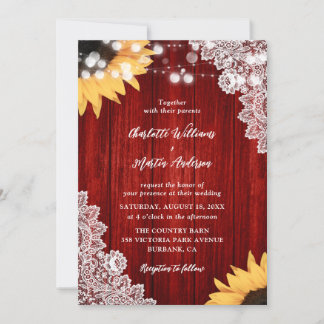 Red Wood Lace Sunflower Wedding Invitations