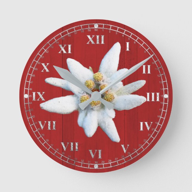 Red Wood Look with White Edelweiss Bloom Round Clock (Front)