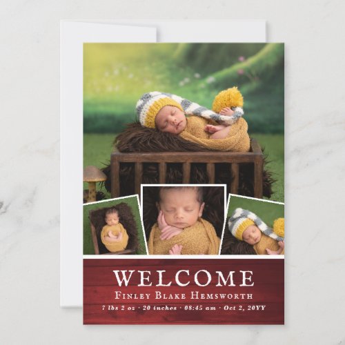 Red Wood New Baby Photo Collage Welcome Announcement