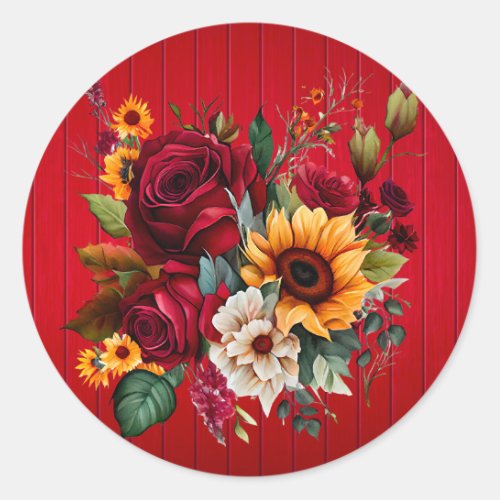 Red Wood Roses and Sunflowers Wedding Classic Round Sticker